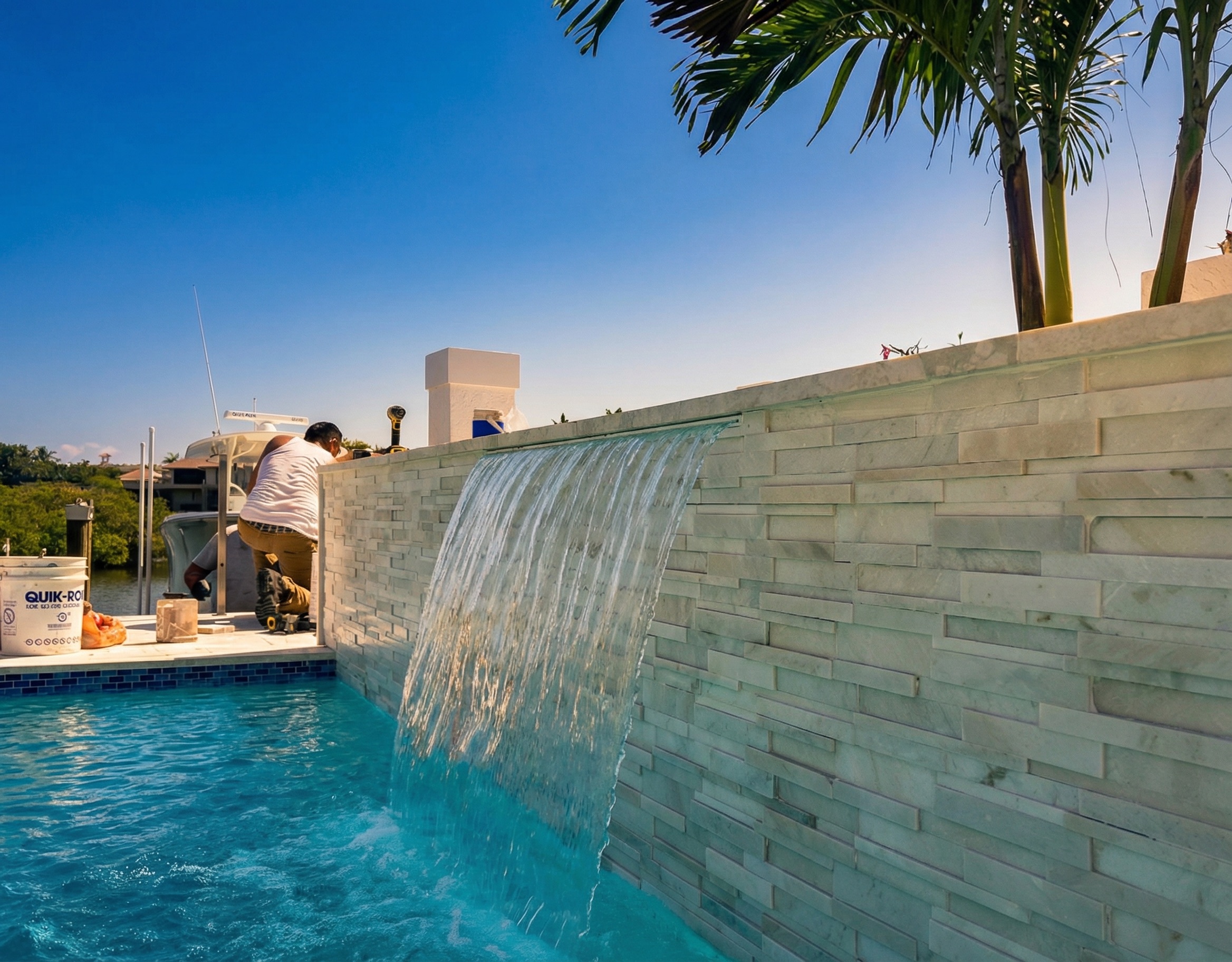 Luxury custom pool with waterfall feature in Palm Beach County