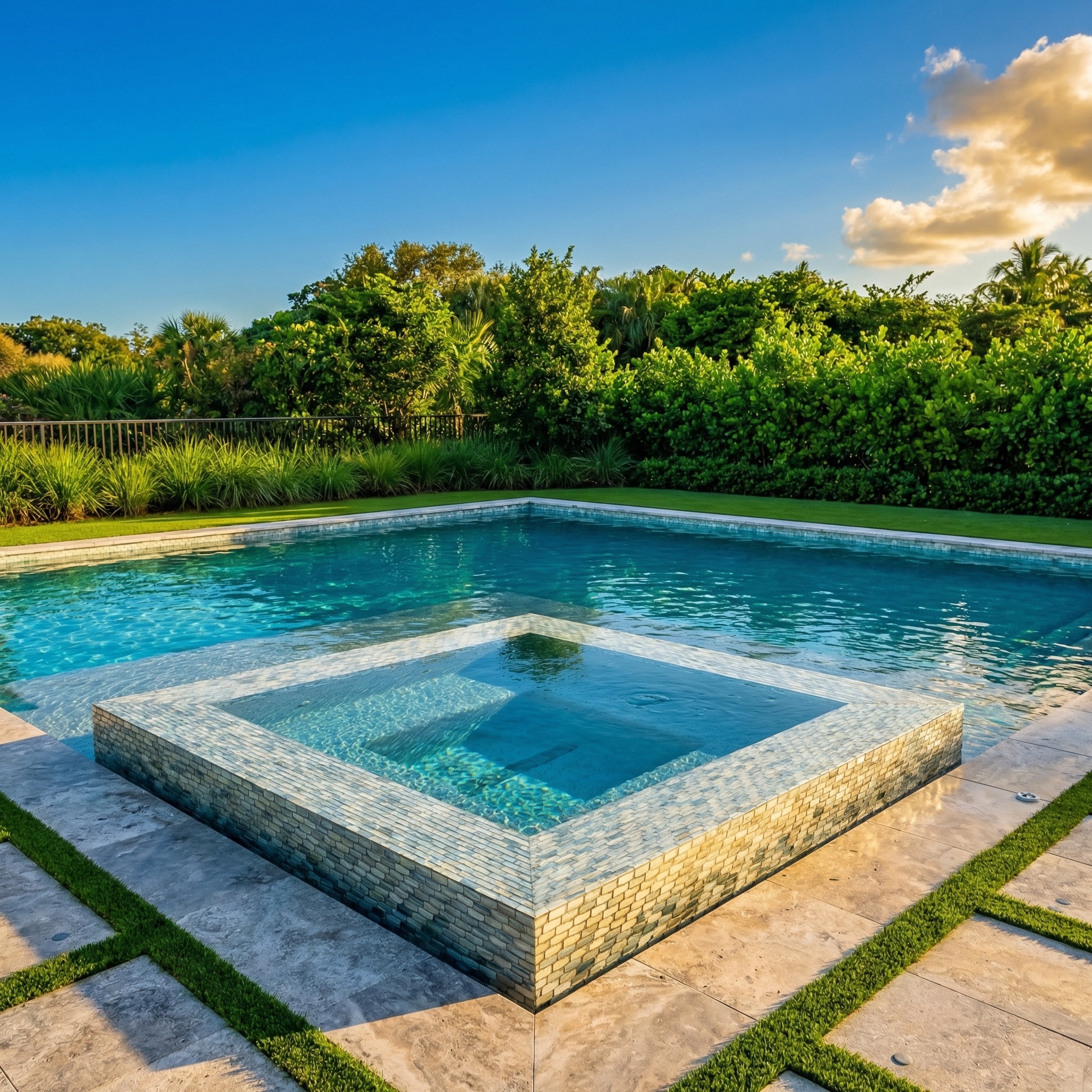 Elegant geometric pool design with raised spa in Jupiter Island