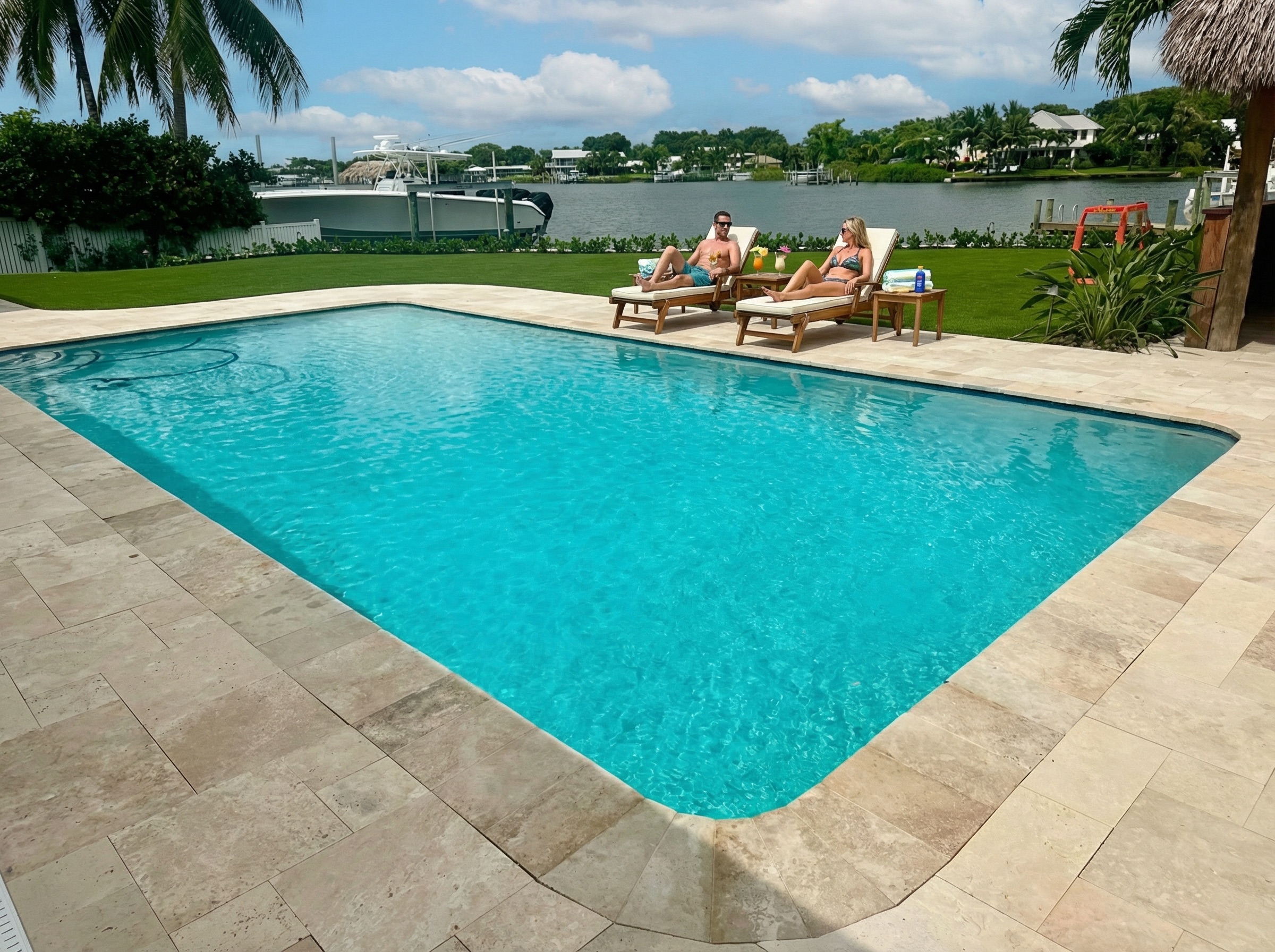 Luxury waterfront pool with travertine deck